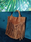Włoski Shopper Boho Vittoria Gotti Torebka z frędzlami camel