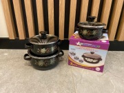FABRYCZNIE NOWY zestaw małych garnków emaliowanych 12/14/16 cm