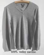 Lekki sweter 100% wełna merynosa merino dekolt V szary melanż r.S 