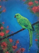 "Aleksandretta na gałęzi" obraz akrylowy na drewnie. malarstwo tradycyjne