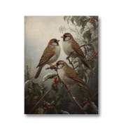 Trzy ptaszki na gałęzi ostrokrzewu, plakat 30x40cm