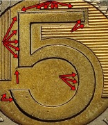 5 zł 2023, destrukt, laminacja stempla w wielu miejscach