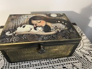 Pudełko, kuferek, szkatułka, dziewczynka z kotem, decoupage, 