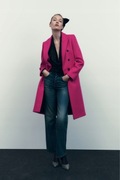 Różowy wełniany płaszcz ZARA fuksja dwurzędowy S 36 75% wełna manteco nowy