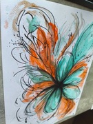 Abstrakcja Nowoczesna Kwiat Jesień Obraz Akwarela Turkus Pomarańcz 30x42