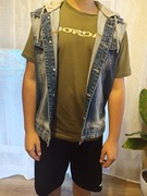 Bezrękawnik jeansowy, kamizelka z kapturem, męski, rozmiar 42