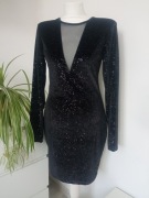 Amisu czarna brokatowa sukienka  zabudowany dekolt siateczką r M/ 38