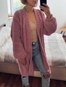 Ręcznie robiony długi kardigan, kolor brudny róż, włóczka Alize Puffy Fine 