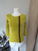 Bluzka damska musztardowa, prążkowana, ozdobny lampas, elastyczna,rękaw 3/4