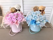 I Komunia Św. Różowy flowerbox z misiem