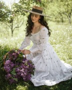 NOWA Linennaive gorsetowa suknia len z bufkami kieszenie karo len boho XL