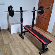 Ławka do ćwiczeń + gryf + talerze (Decathlon Sapphire)