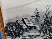 Obraz malowany tuszem na płycie kościół góralski 