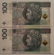 2x 100 ZŁ WŁADYSŁAW JAGIEŁŁO SERIA FP 0.. 2018 r. UNC! Okazja! 