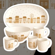 Zastawa serwis obiadowy świąteczny 8 osób złote kamieniczki 45 sztuk NOWA