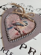 Ozdobne serce zawieszka sikorka shabby decoupage farmhouse vintage