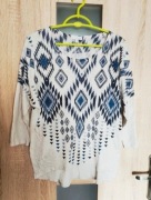 Kremowa luźna bluzka w granatowe wzory rękaw 3/4 rozmiar S