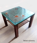 Unikatowy, designerski stolik z artystycznym szklanym blatem
