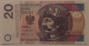 20 ZŁ BOLESŁAW CHROBRY 2016 r. SERIA BD 7909080 STAN 1 UNC