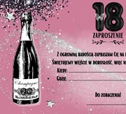 Zaproszenie na 18 urodziny z kopertą– różowe z brokatem i butelką szampana