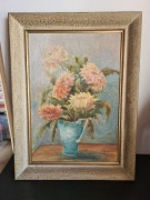 Piękny duży obraz chryzantemy w wazonie w drewnianej ramie E. Bareja