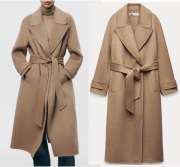 ZARA płaszcz z paskiem dwuwarstwowa tkanina z wełną beż camel oversize S/M