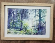 Akwarela las – obraz ręcznie malowany pejzaż leśny A4 w ramie