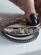 Bransoleta skórzana zielona z naturalnymi kamieniami 