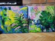 Dwa obrazy na płótnie akryl liść sztuka nowoczesna 40x40 cm