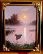 "ŚWIT NAD BRZEGIEM JEZIORA"- OBRAZ OLEJNY NA PŁÓTNIE/48x38