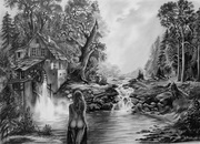 Naga dziewczyna na tle pejzażu z młynem wodnym 