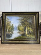 Obraz olejny na płótnie – pejzaż leśny z rzeką | certyfikat | rama