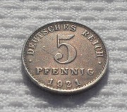 Niemcy Weimarska Republika 5 fenigów pfennig 1921 A Berlin Prusy KM# 19 Fe