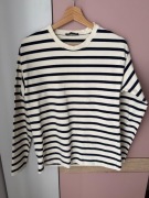 Kremowa bluzka, granatowe paski, długi rękaw, Zara - S