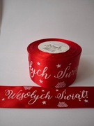 Wstążka tasiemka świąteczna czerwona z napisem szer.50mm; dł.22 m