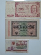 256#N TRZY RÓŻNE BANKNOTY 100 ZŁ 1948 20 TYSIĘCY MAREK 1923- 5 RUBLI