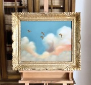 Oryginalny obraz olejny w starej ramie - gęsi na błękitnym niebie