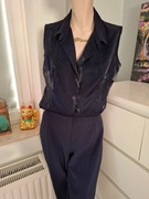 L 40 elegancka vintage błyszcząca granatowa koszula bluzka retro do pracy