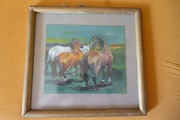 STARY OBRAZ Z KONIAMI AKWARELA