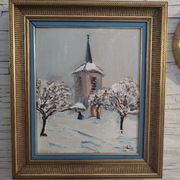 Belgijski pejzaż zimowy olej na płótnie, ok. 1950 r. sygn. rama Dechamps