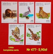 Znaczki fauna:477: zwierzęta, ptaki, motyle- Laos 1996r **