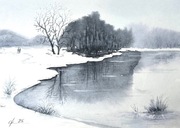Nad jeziorem zimą Akwarela original 30/21 cm