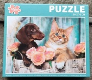 Puzzle 1000 Kompletne, zwierzęta, kwiaty, pies, kot