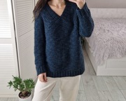 Rabena turkusowy wełniany gruby sweter w serek 25% wełna 25% alpaka S