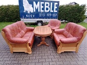 Komplet  FLORYDA 3+2+1 i Ława Rozkładana i Podnoszona , Dąb - Skóra Brąz