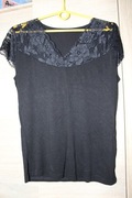 czarna bluzka L Moraj z koronką 40 krótki rękaw, elastyczna