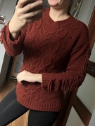 ZARA brązowy sweterek frędzle pomponiki S/M