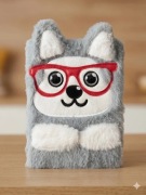 Pies w okularach notes A5 miękki futerkowy zeszyt szary NOWY