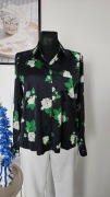 Elegancka czarna bluzka koszulowa w białe kwiaty rozmiar 34, XS