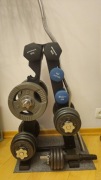 Stojak na hantle, łamany gryf, obciążeniem żeliwne +- 80kg.